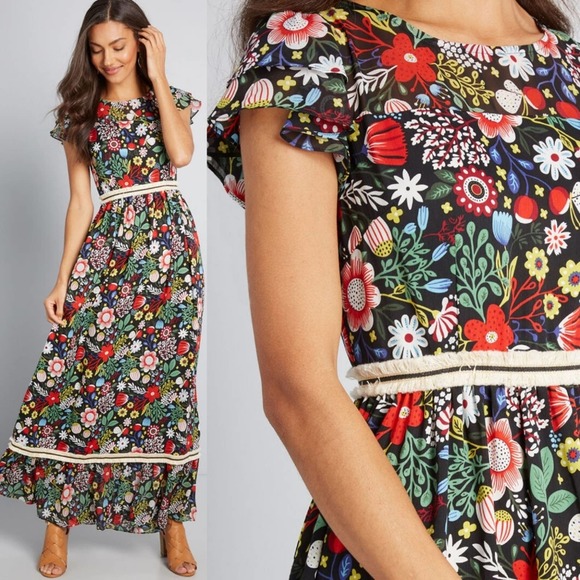 Modcloth 60s Floral Fringe Maxi Traffic People - Picture 1 of 8
